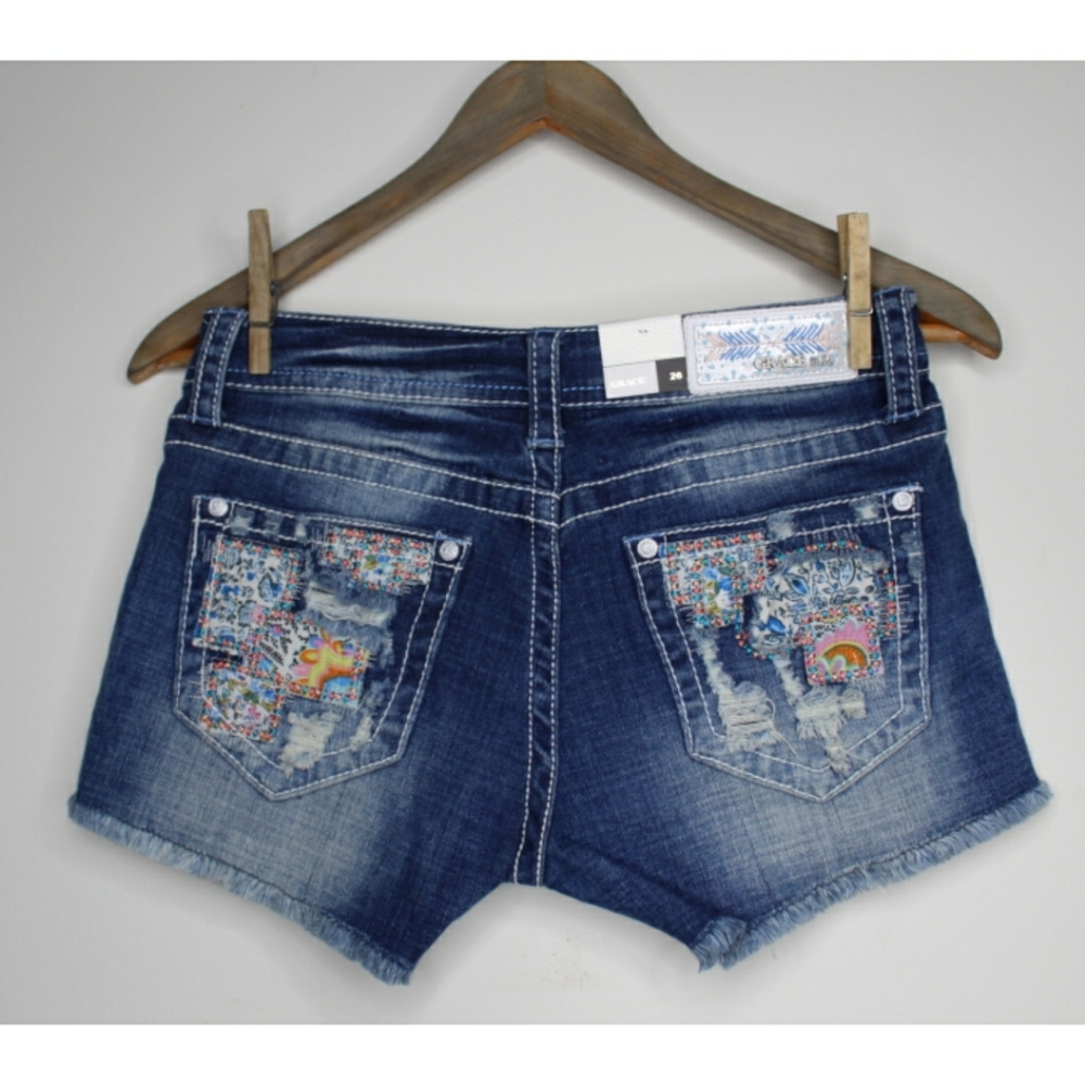 Grace in LA Patchwork Frayed CutOff Shorts 25 26 - Picture 5 of 8